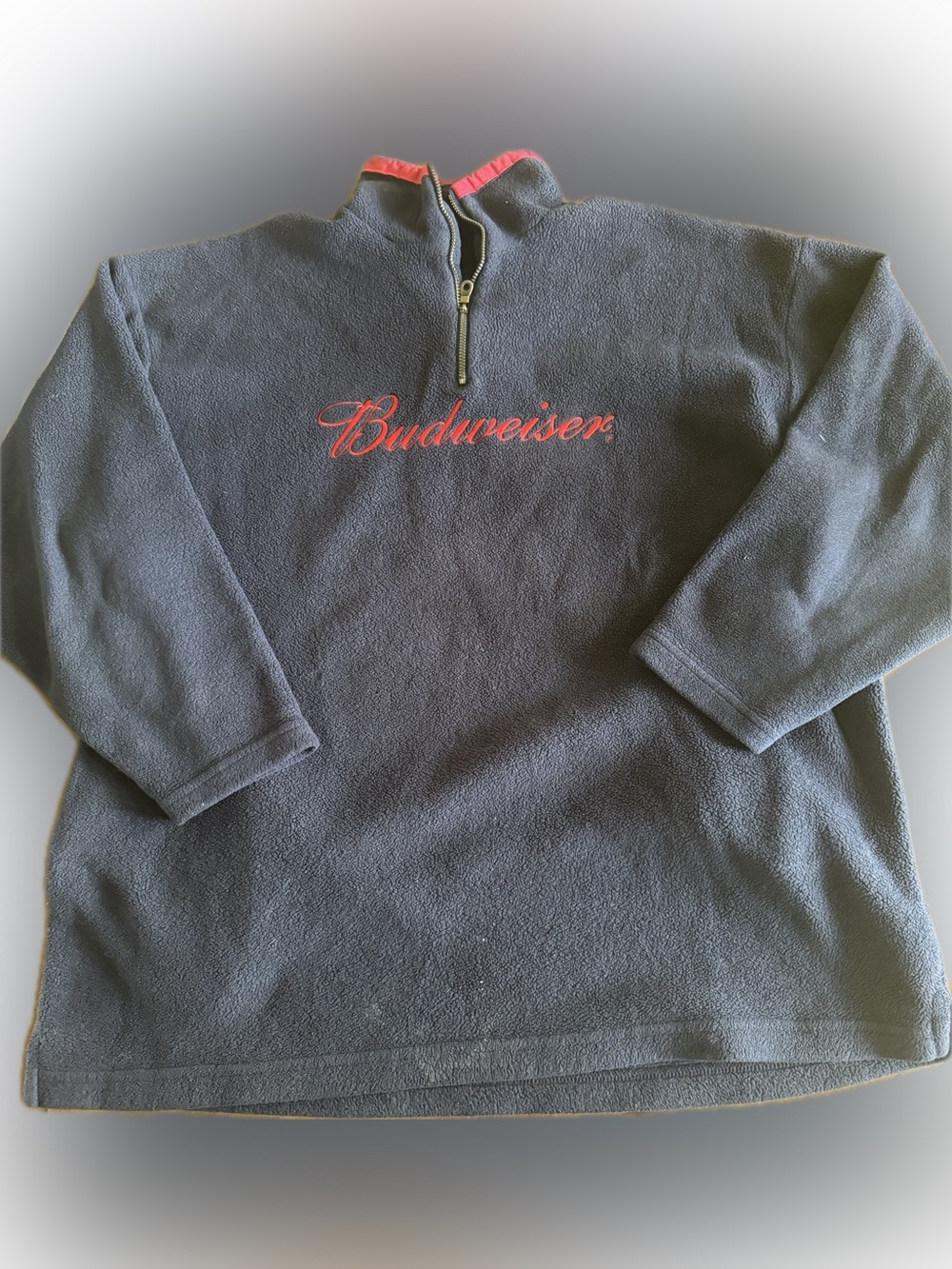 Vintage Budweiser Navy and Red Men’s Quarter-Zip Fleece Pullover